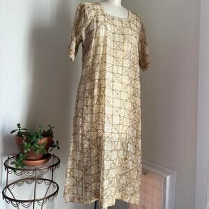 Women’s Medium Tunic Gold Embroidered Dress Textured Metallic Lace Overlay